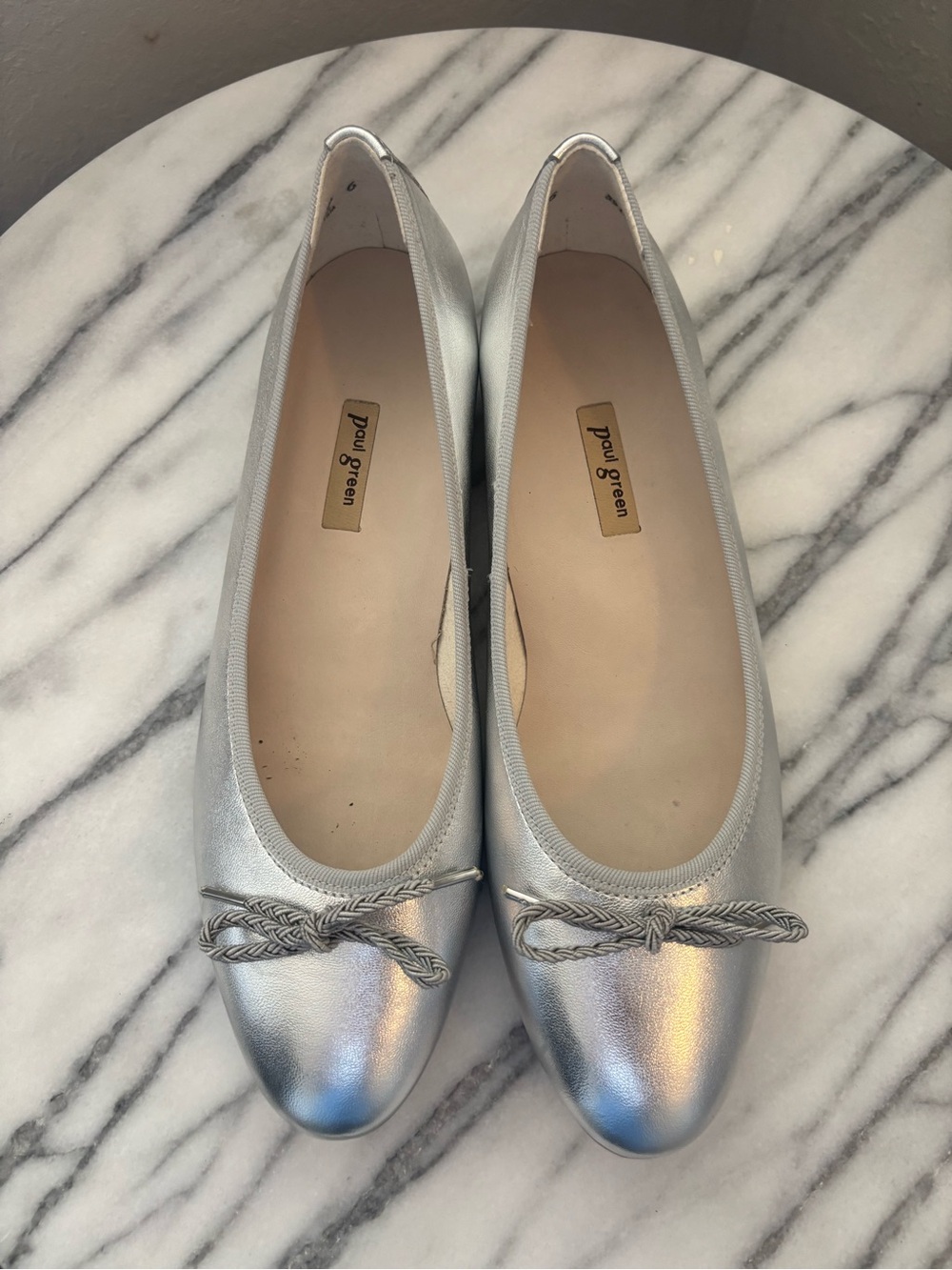 Paul Green Metallic Silver Ballet Flats with Braided Knot